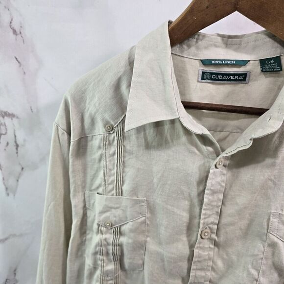 Cubavera Shirt Mens Large Linen Button Beige Vtg Safari Utility Cargo Indiana - Picture 2 of 11